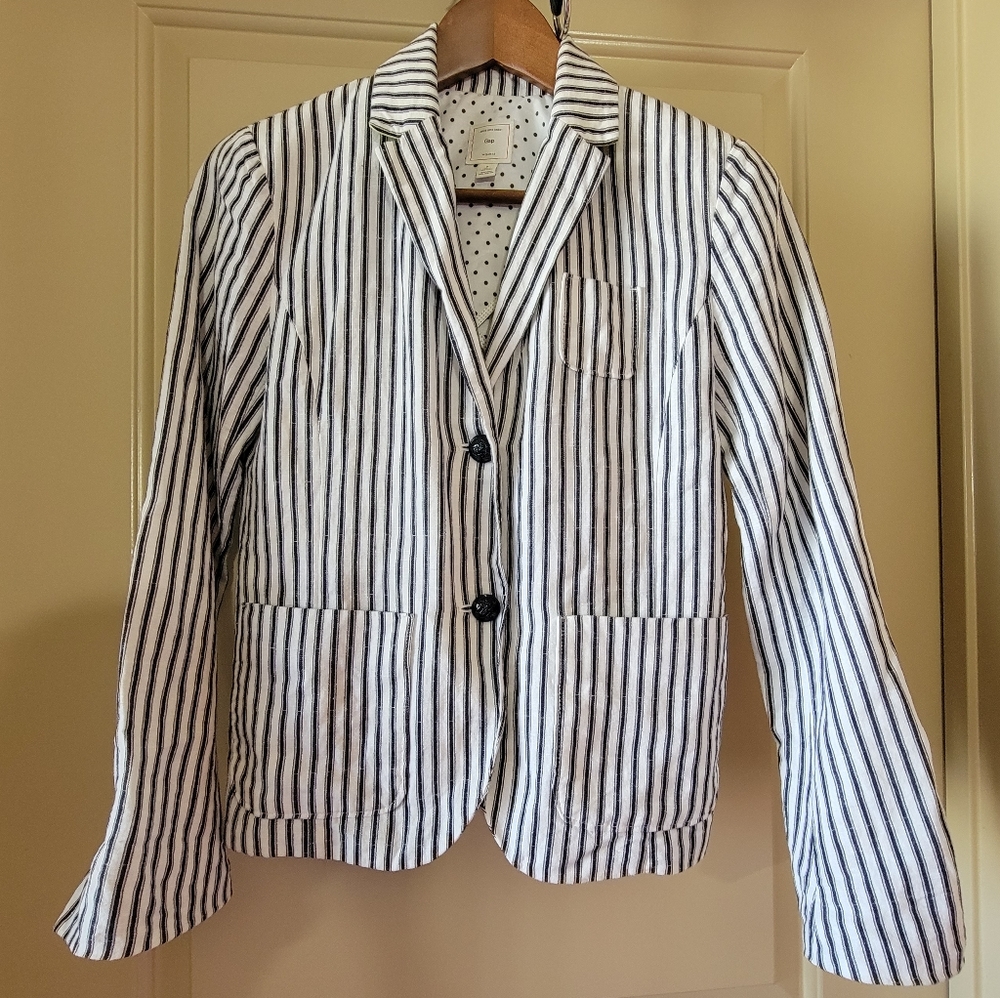 Gap Pinstriped Linen Blazer Size 0 Navy and White
